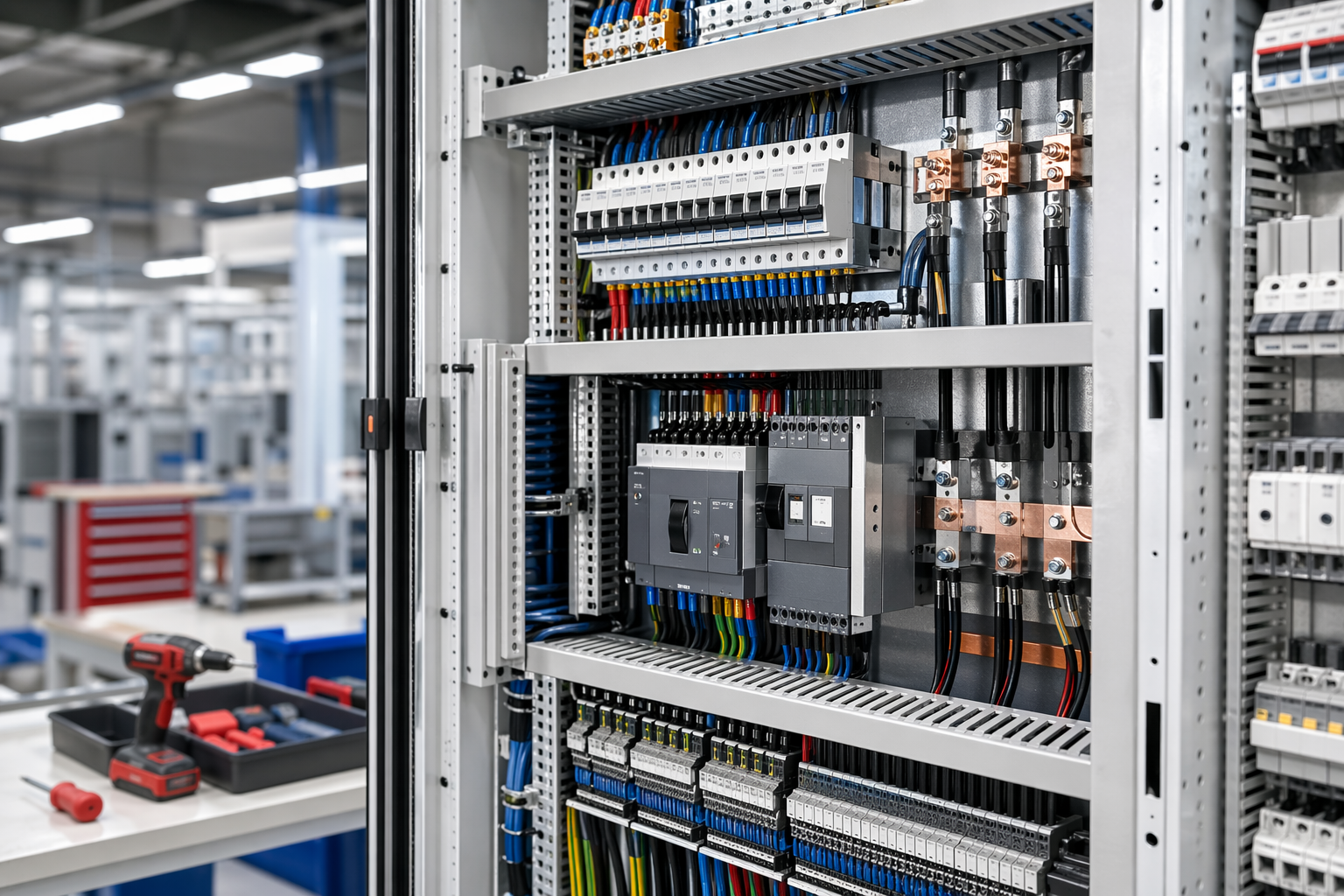 Modern low-voltage electrical panel assembly in a clean factory